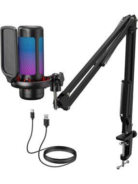 USB Condenser Gaming Microphone Set with Boom Arm, RGB, Tap Mute & Gain Control